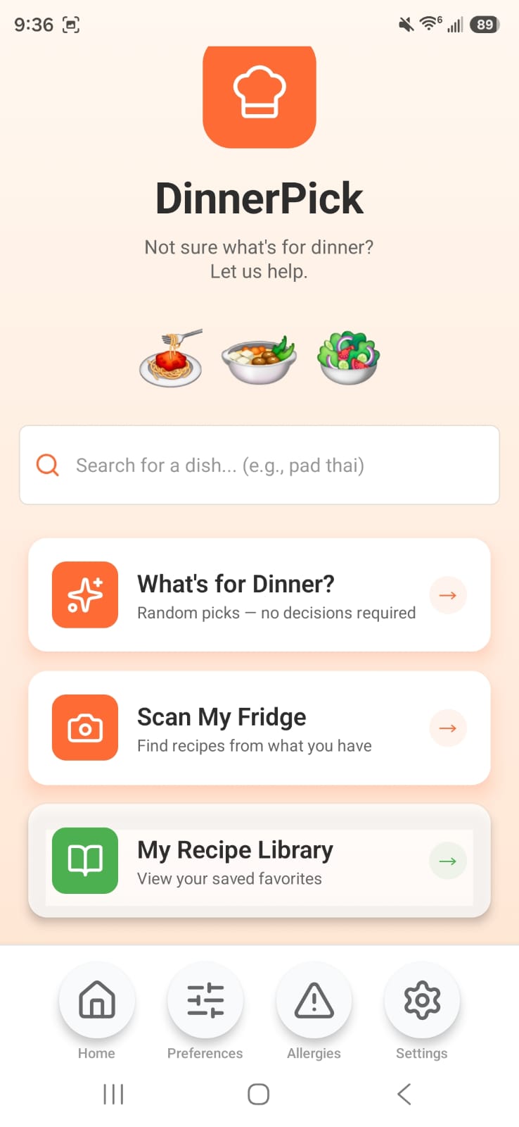 DinnerPick home screen
